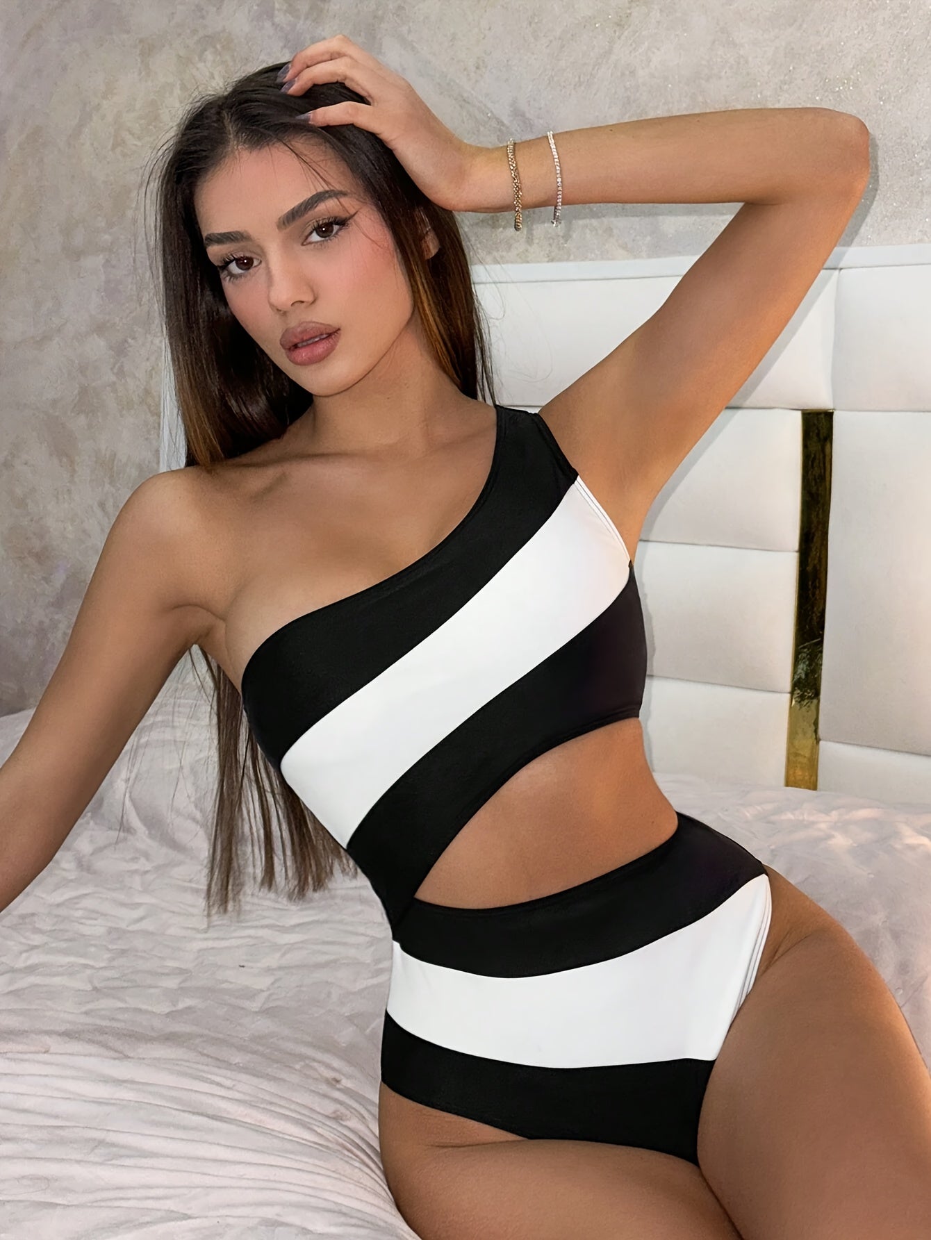 One-Piece Cut-Out High-Waisted Swimsuit - Monochrome Black and White Bikini - Elegant Style - For Women - Perfect for Beachwear & Poolside Fashion - Ideal Gift for Summer